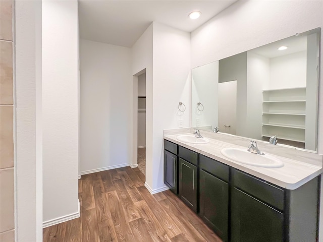 full bathroom with a sink, a walk in closet, double vanity, and wood finished floors