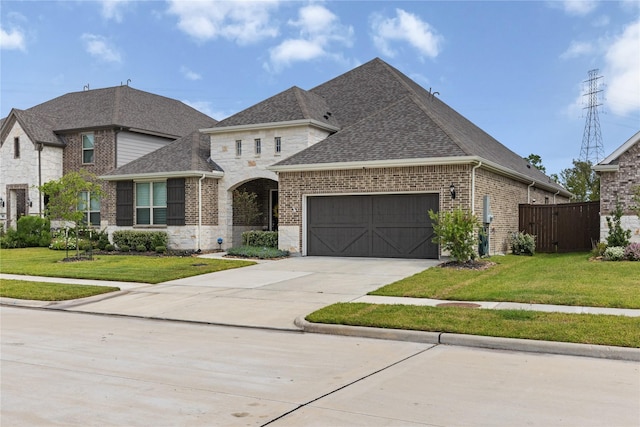 1017 Goose Creek St, Webster, TX 77598 - french country inspired facade with roof with shingles, an attached garage, driveway, stone siding, and brick siding
