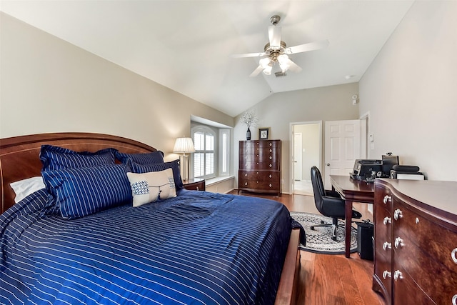 bedroom featuring ceiling fan, vaulted ceiling, wood finished floors, and visible vents