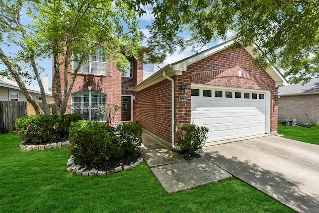 view of front of home with brick siding, a garage, fence, and a front lawn