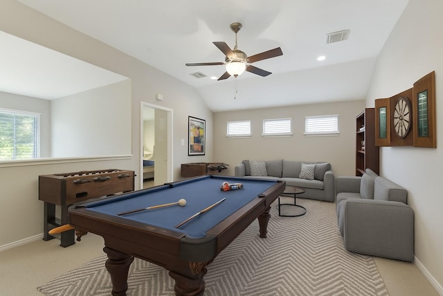 recreation room with a ceiling fan, baseboards, carpet, and vaulted ceiling