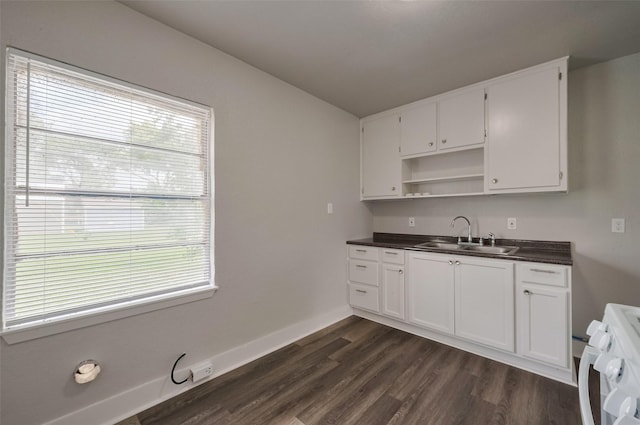 kitchen featuring a sink, dark countertops, open shelves, and white cabinetry