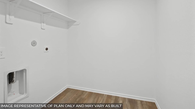 laundry area featuring laundry area, electric dryer hookup, dark wood-style floors, and baseboards