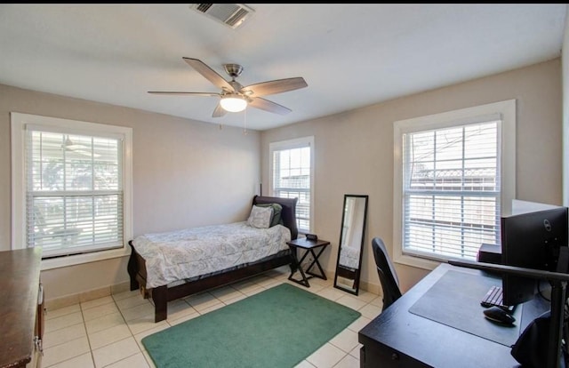 bedroom with light tile patterned floors, baseboards, ceiling fan, and visible vents