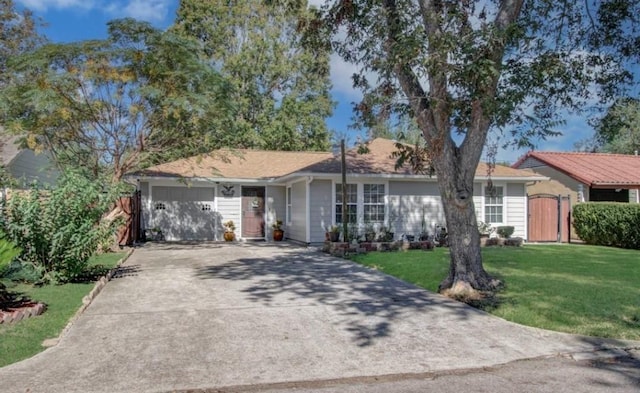 ranch-style home with an attached garage, driveway, and a front lawn