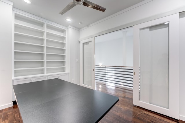 interior space with ceiling fan and dark wood-style flooring