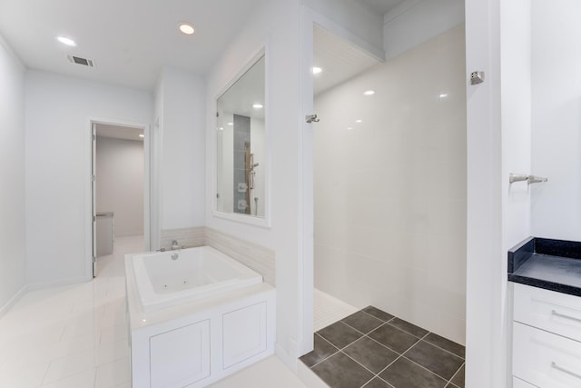 full bath featuring visible vents, recessed lighting, walk in shower, and a tub with jets