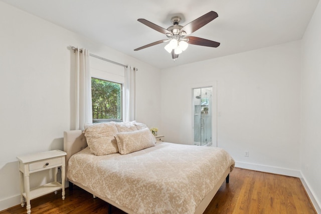 bedroom with baseboards, a ceiling fan, and wood finished floors