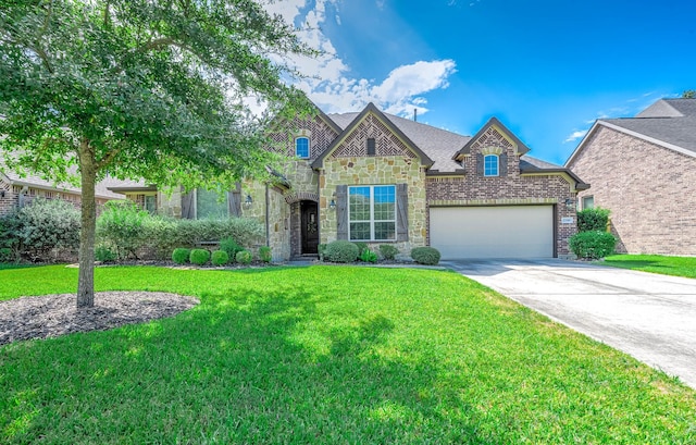 french provincial home with a garage, a front yard, stone siding, and concrete driveway