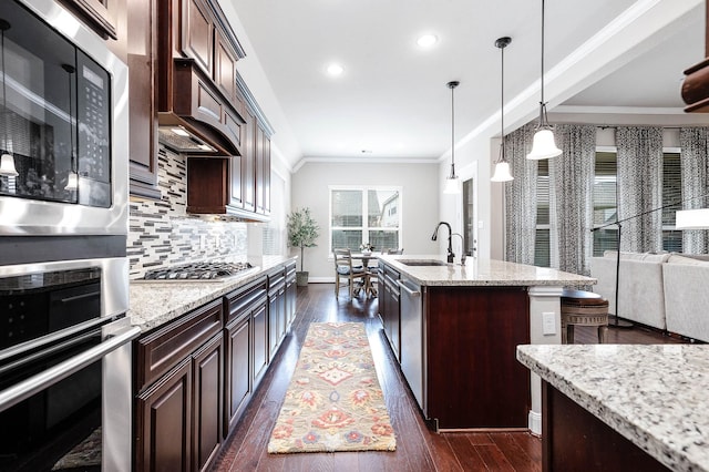 kitchen featuring dark wood-style flooring, dark brown cabinetry, appliances with stainless steel finishes, a sink, and ornamental molding