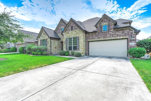 french country home featuring roof with shingles, a front yard, stone siding, and concrete driveway