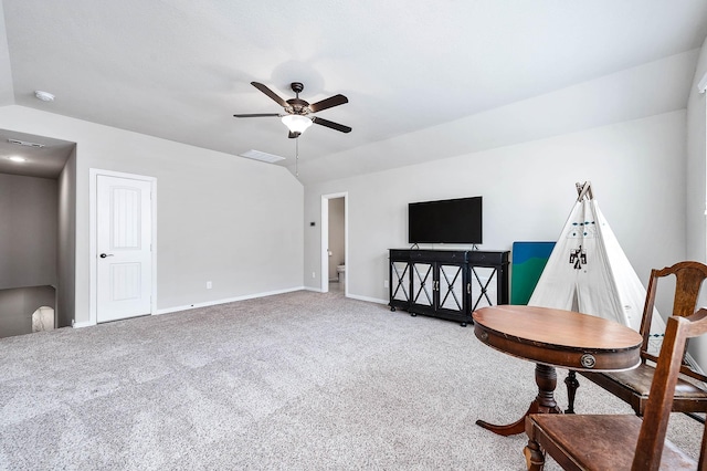 living area with baseboards, carpet, ceiling fan, and visible vents