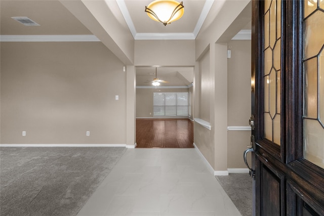 2215 Bay Haven Way, League City, TX 77573 - foyer with ornamental molding, baseboards, and ceiling fan