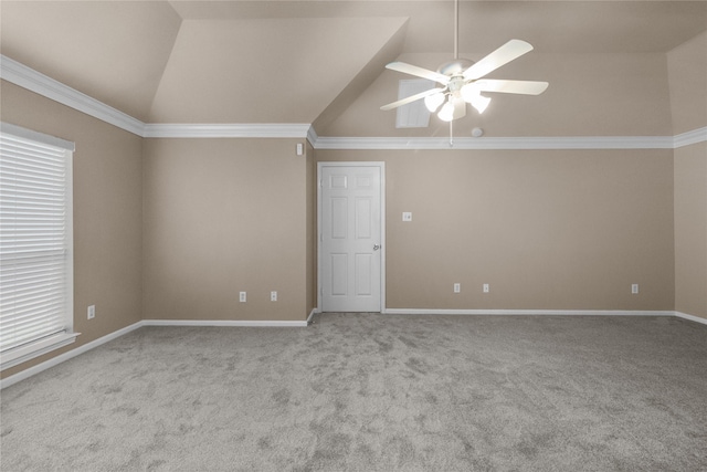 2215 Bay Haven Way, League City, TX 77573 - unfurnished room featuring lofted ceiling, ceiling fan, carpet flooring, baseboards, and crown molding