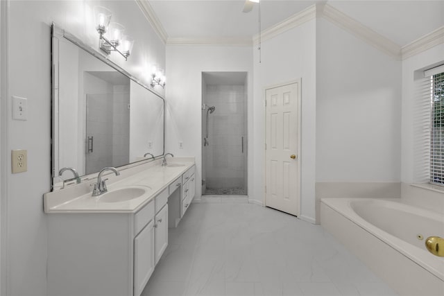 2215 Bay Haven Way, League City, TX 77573 - full bath with double vanity, marble finish floors, a stall shower, a jetted tub, and ornamental molding