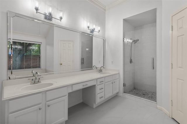 2215 Bay Haven Way, League City, TX 77573 - full bath with marble look tiles, crown molding, double vanity, and a shower stall