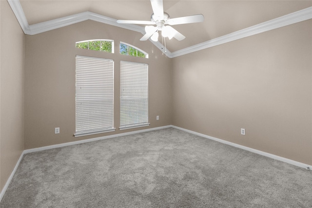 2215 Bay Haven Way, League City, TX 77573 - unfurnished room featuring carpet, ceiling fan, vaulted ceiling, crown molding, and baseboards