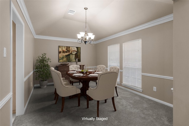2215 Bay Haven Way, League City, TX 77573 - carpeted dining area with a chandelier, ornamental molding, and baseboards