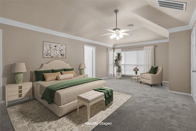 2215 Bay Haven Way, League City, TX 77573 - bedroom featuring carpet, baseboards, ornamental molding, and a ceiling fan