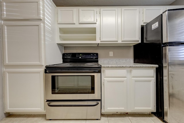 kitchen featuring open shelves, white cabinetry, appliances with stainless steel finishes, and light tile patterned floors