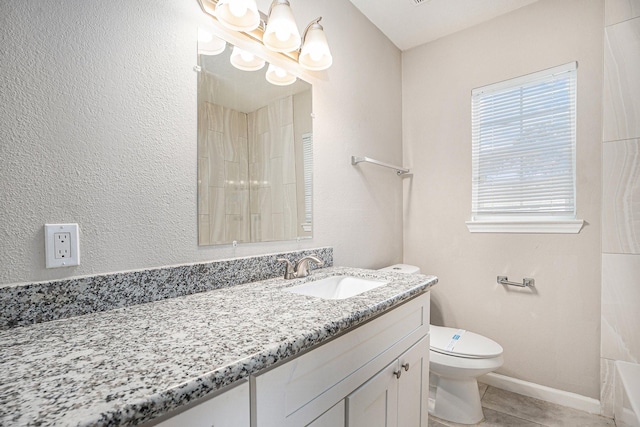 bathroom with walk in shower, vanity, a bathing tub, toilet, and a notable chandelier