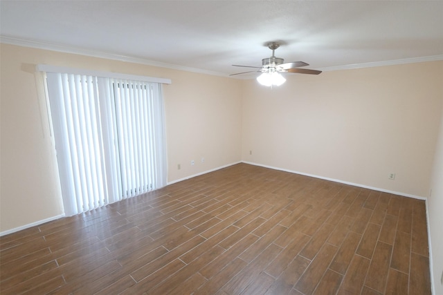 empty room featuring dark wood-style flooring, a ceiling fan, crown molding, and baseboards