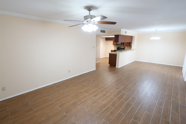 unfurnished living room with crown molding, visible vents, baseboards, dark wood finished floors, and ceiling fan with notable chandelier