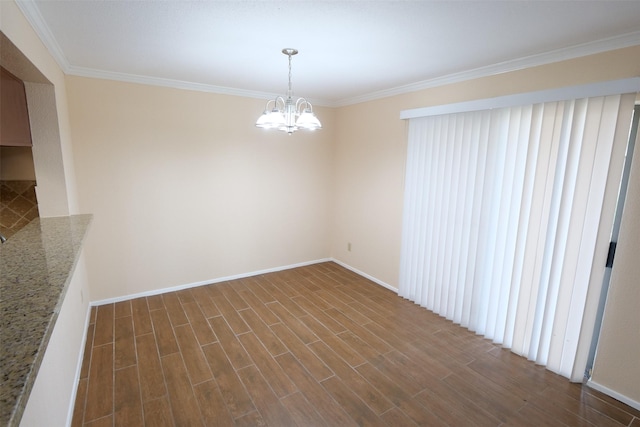 unfurnished dining area with crown molding, baseboards, an inviting chandelier, and dark wood-type flooring