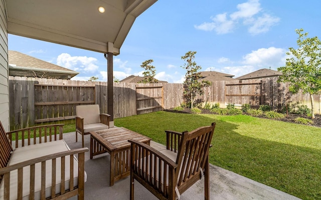 view of yard featuring an outdoor hangout area, a patio, and a fenced backyard