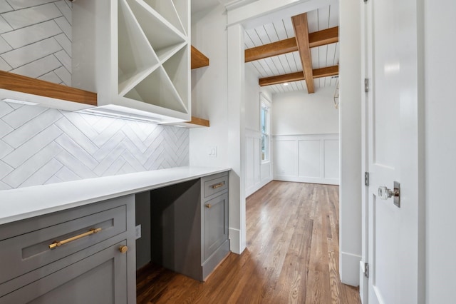 1623 Blount St, Houston, TX 77008 - kitchen featuring gray cabinetry, wood finished floors, light countertops, tasteful backsplash, and open shelves