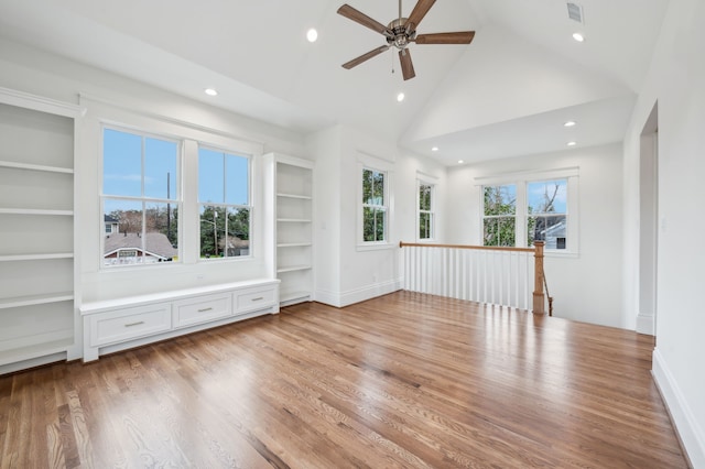 1623 Blount St, Houston, TX 77008 - spare room with recessed lighting, a ceiling fan, wood finished floors, high vaulted ceiling, and baseboards