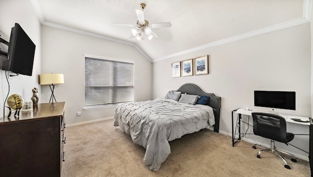 bedroom with crown molding, baseboards, and light colored carpet