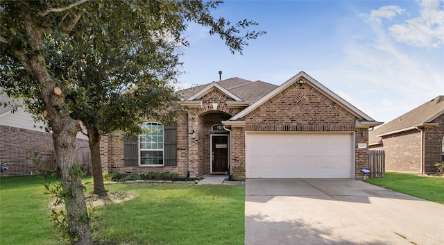 view of front of house featuring concrete driveway, brick siding, a front yard, and a garage