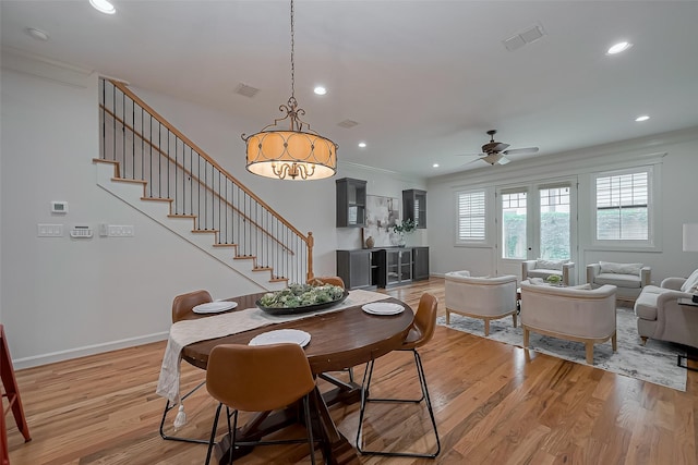 dining room featuring recessed lighting, ceiling fan, light wood finished floors, and visible vents