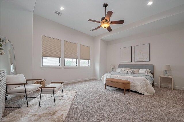 carpeted bedroom featuring recessed lighting, baseboards, visible vents, and ceiling fan