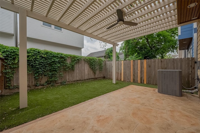view of patio / terrace with a fenced backyard, ceiling fan, central air condition unit, and a pergola