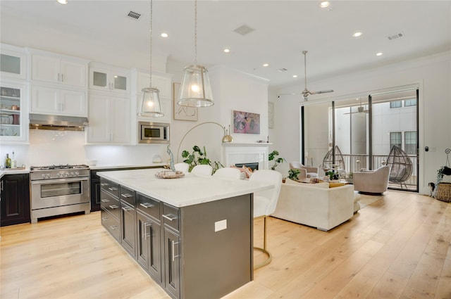 kitchen with visible vents, light countertops, white cabinetry, under cabinet range hood, and stainless steel appliances