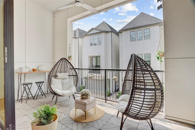 balcony with a ceiling fan