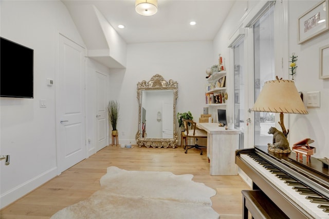 home office featuring recessed lighting, baseboards, and light wood-type flooring