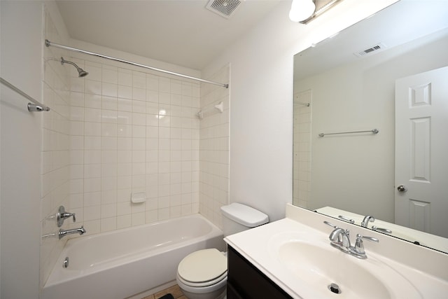 full bath with toilet,  shower combination, visible vents, and vanity