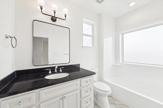 bathroom with vanity, tile patterned flooring, visible vents, and toilet