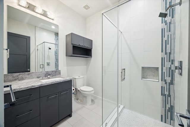 full bath with visible vents, a shower stall, vanity, tile patterned floors, and toilet