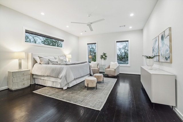 bedroom with recessed lighting, a ceiling fan, baseboards, visible vents, and dark wood-style floors