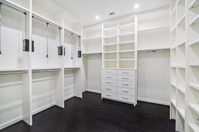 spacious closet featuring dark wood-style floors and visible vents