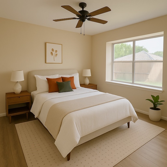 bedroom featuring baseboards, ceiling fan, and wood finished floors