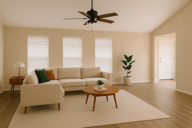 living room with light wood-style floors, baseboards, and a ceiling fan