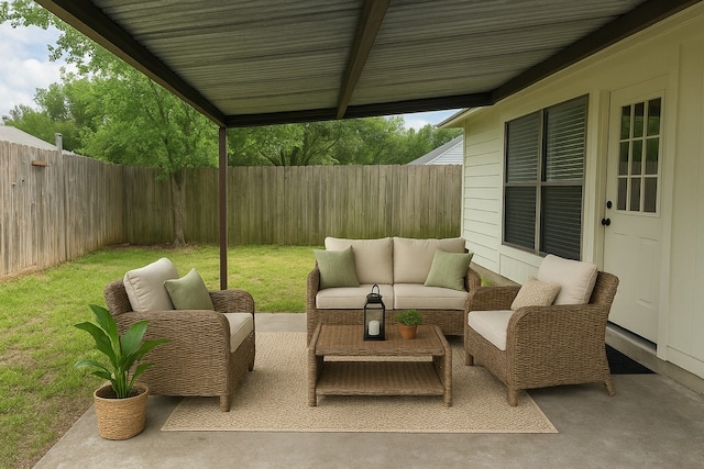 view of patio featuring a fenced backyard and an outdoor hangout area