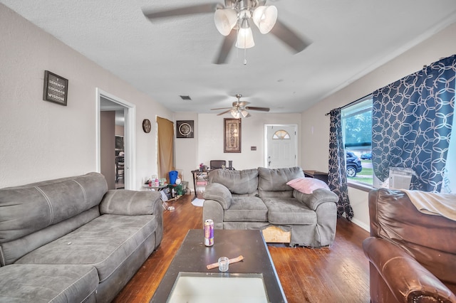 116 Chestnut St, Lake Jackson, TX 77566 - living room featuring ceiling fan, hardwood / wood-style floors, and visible vents