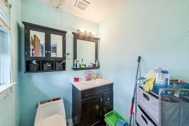 116 Chestnut St, Lake Jackson, TX 77566 - bathroom with vanity, a textured wall, toilet, and visible vents