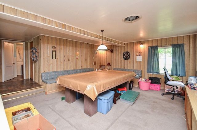 rec room featuring wooden walls, visible vents, carpet floors, and billiards